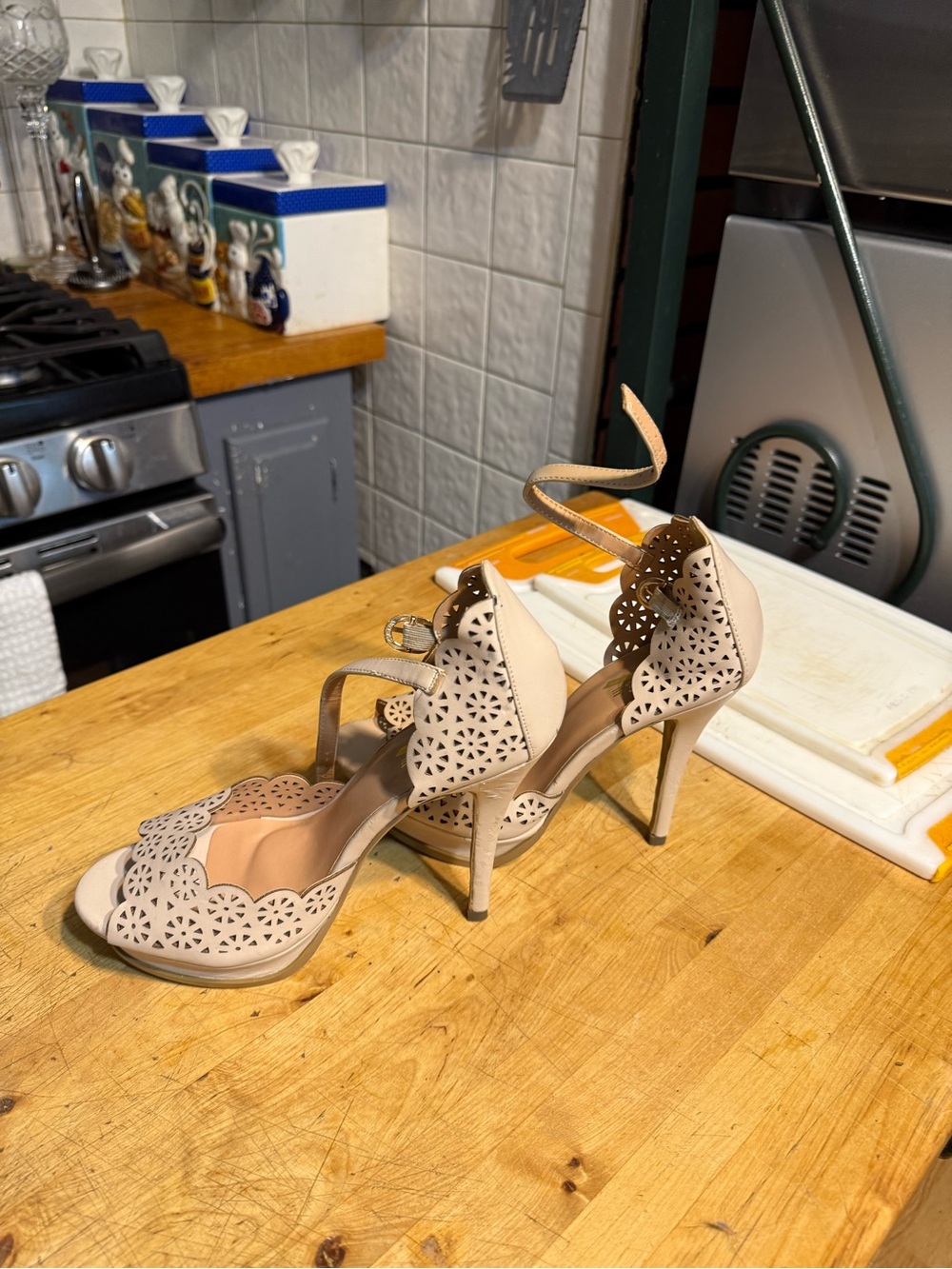 Glaze Nude Laser-Cut Ankle Strap Stiletto Heels